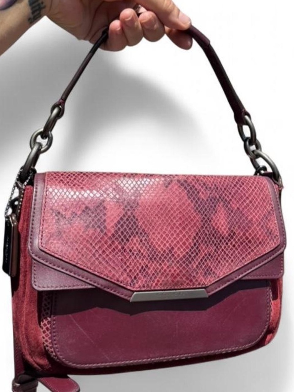 burgundy Coach Taylor suede and leather exotic python flap crossbody  bag